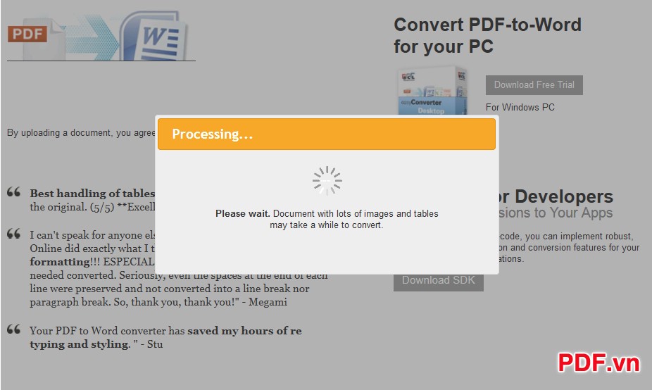 Quá trình chuyển đổi PDF sang Word bắt đầu