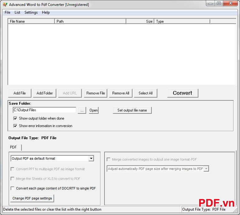 Giao diện chính chương trình Advaced Word to Pdf Converter