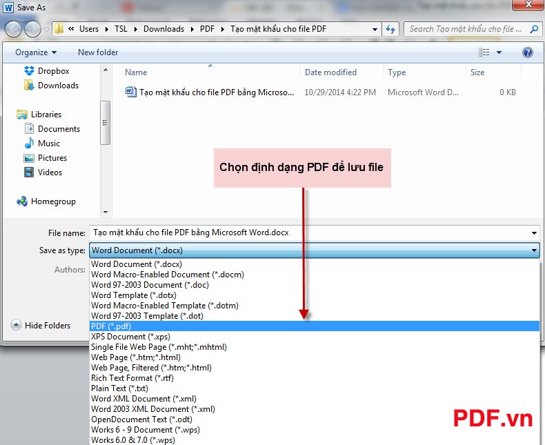Chọn định dạng PDF để lưu