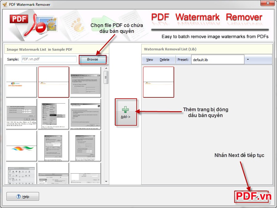 Chọn file PDF và trang cần loại bỏ dấu bản quyền