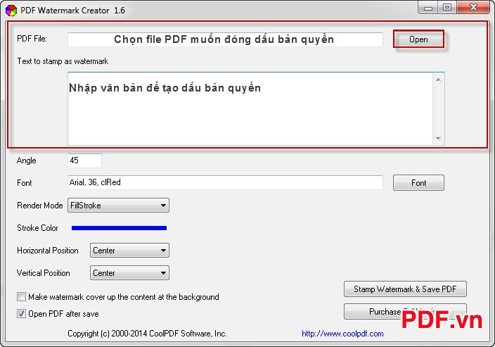 Chọn file PDF và văn bản để tạo dấu bản quyền