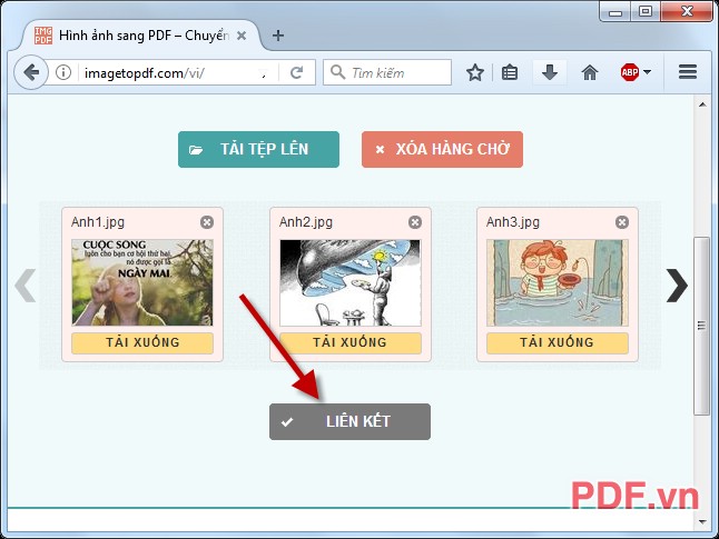 Kích chọn Liên kết thực hiện tạo file PDF từ các ảnh JPG