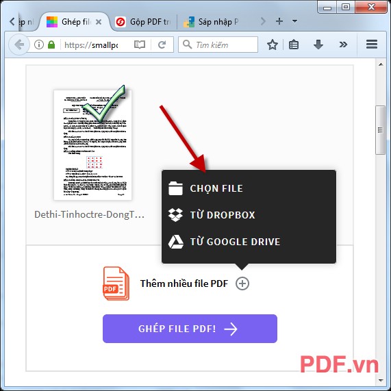 kích chọn Thêm nhiều file PDF để tải file tiếp theo cần nối