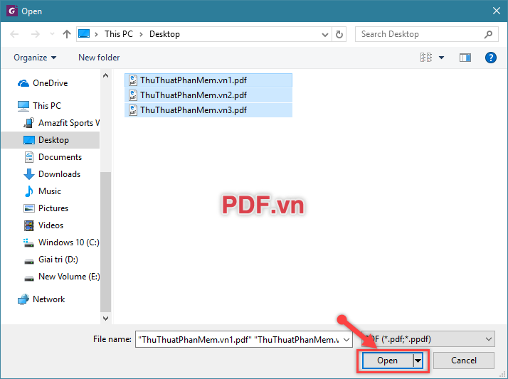 Chỉ đường dẫn đến các file PDF và chọn chúng - Ấn chọn Open