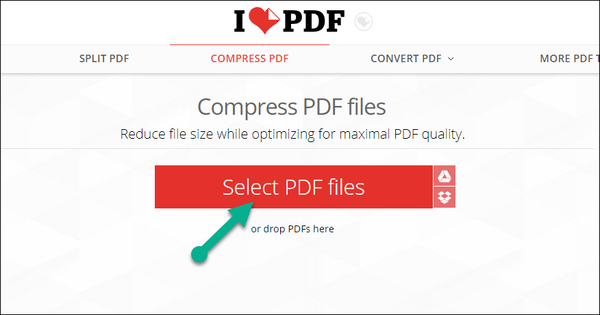 Chọn Select PDF files để tải file PDF muốn giảm dung lượng lên website