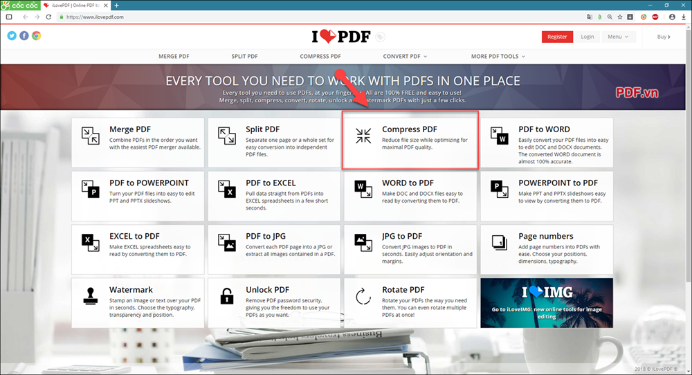 Để nén, giảm dung lượng PDF chọn mục Compress PDF