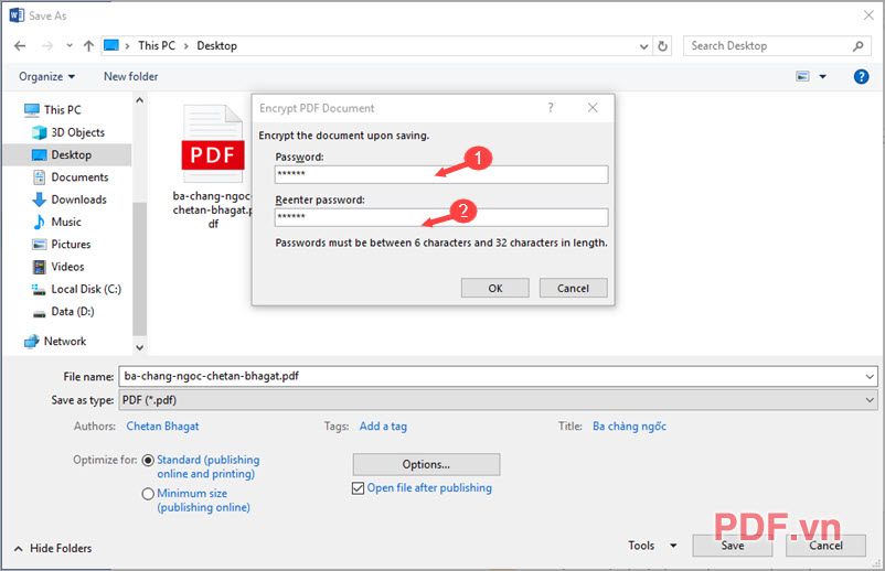 Nhập mật khẩu bảo vệ file PDF (1) và xác nhận mật khẩu lại (2)