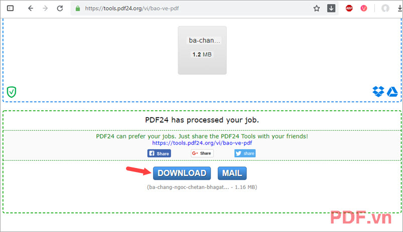 Tải file PDF đã mã hoá về máy bằng cách bấm vào Download
