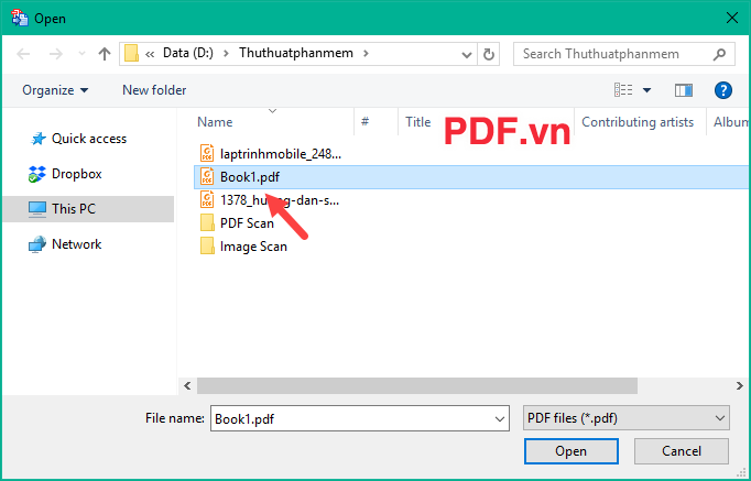 Chọn file PDF cần chuyển đổi và nhấn Open để mở