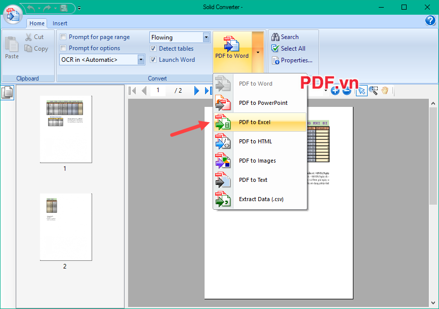 Chọn tính năng PDF to Excel