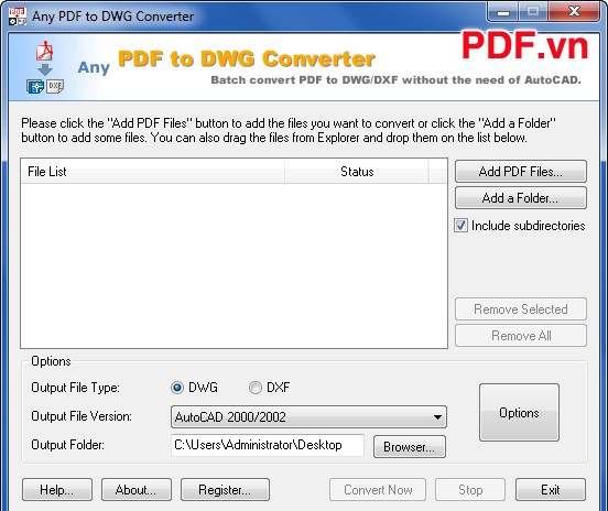 Giao diện Any PDF to DWG Converter