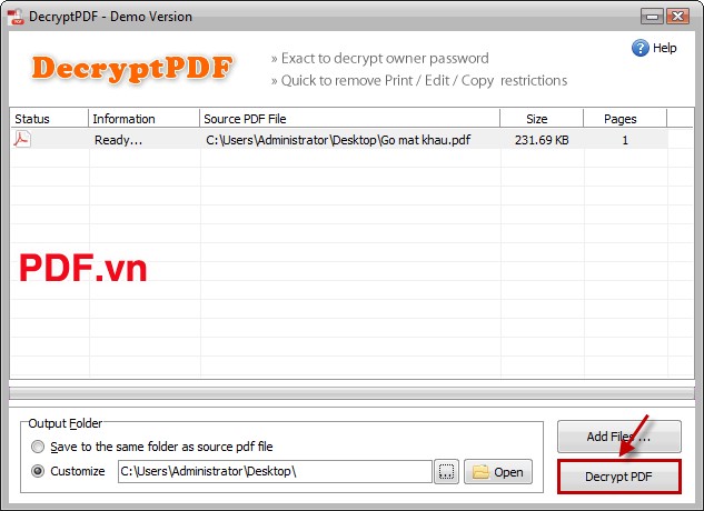 Nhấn chọn Decrypt PDF