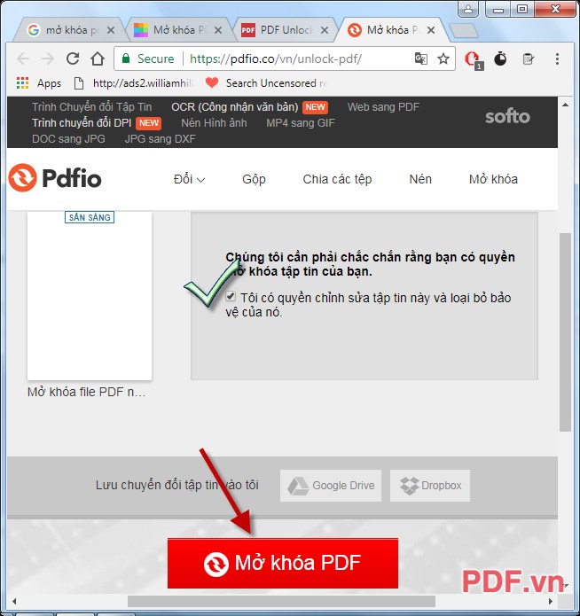 Kích chọn Mở khóa PDF