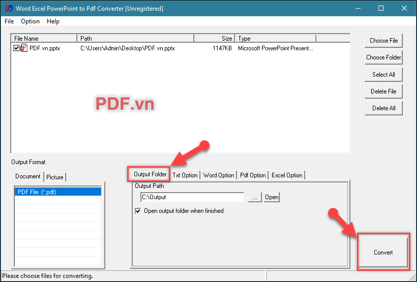 Chuyển sang tab Output Folder để chọn vị trí lưu file PDF - Ấn Convert