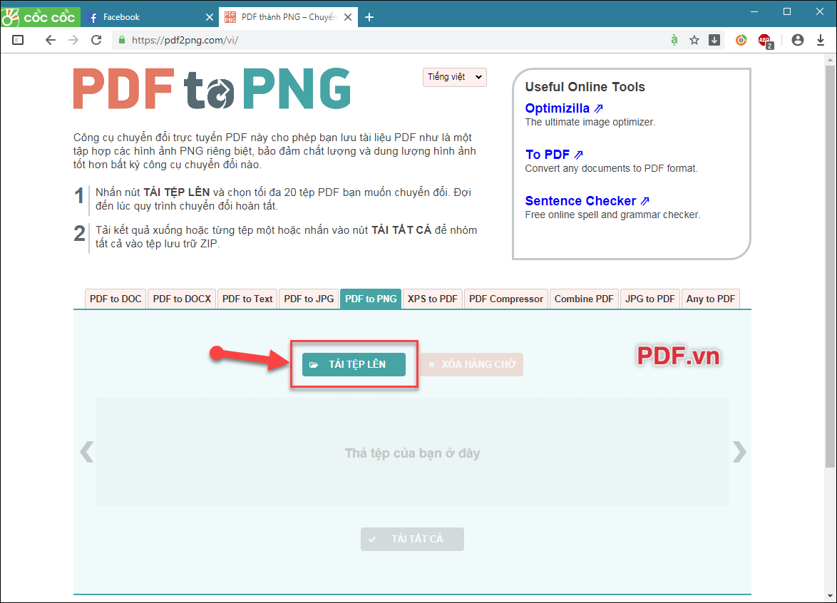 Kéo thả file PDF vào mục “Thả tệp của bạn ở đây” hoặc ấn chọn “Tải tệp lên”