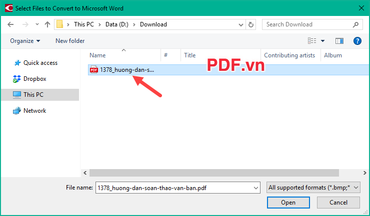 Chọn file PDF trong máy tính của mình và nhấn Open để mở