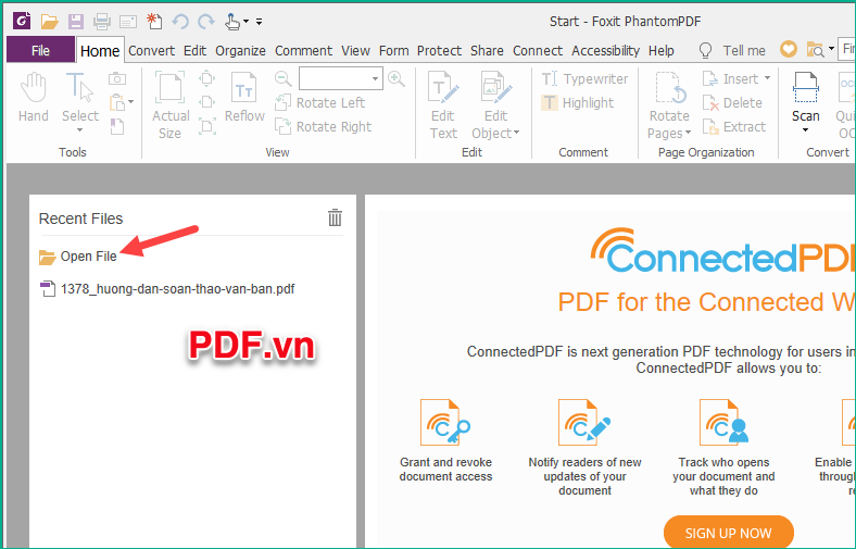 Mở phần mềm và nhấn Open File để mở file PDF