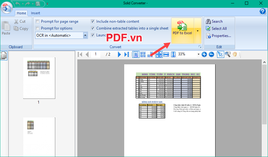 Nhấn vào nút PDF to Excel để tiến hành chuyển đổi