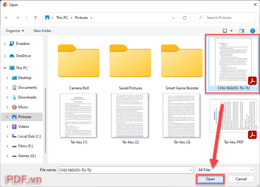Chọn file PDF mà bạn muốn chỉnh sửa rồi nhấn Open