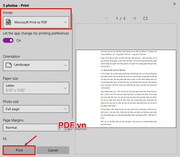 Chọn Microsoft Print to PDF, sau đó tùy chỉnh trong các phần dưới và chọn Print