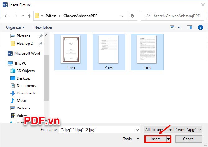 Đến file chứa hình ảnh cần chuyển thành PDF và chọn 1 hoặc nhiều ảnh sau đó nhấn Insert