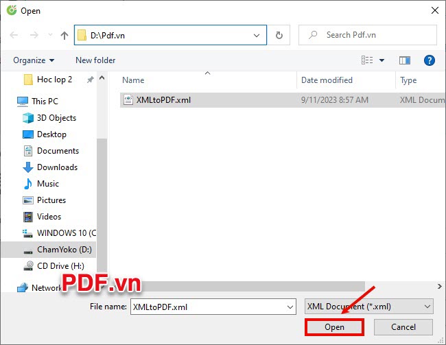 Hiện cửa sổ Open bạn chọn thư mục cần chuyển file XML sang PDF và chọn Open