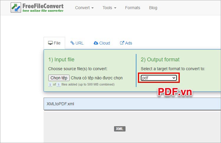 Trong mục Output format bạn chọn Convert files to pdf