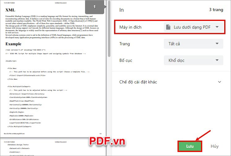 Trong phần Máy in đích () bạn chọn Lưu dưới dạng PDF () và chọn Lưu