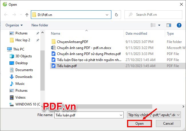 Chọn đến file PDF cần xoay trang và nhấn Open
