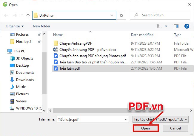 Chọn file PDF và chọn Open