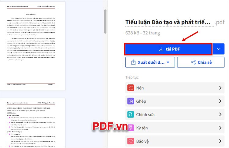Chọn Tải PDF để lưu file PDF sau khi xóa về máy tính của bạn