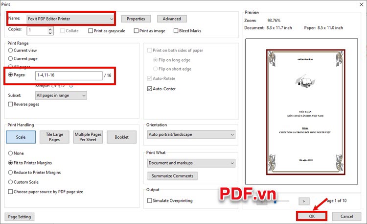 Nhấn Ctrl + P để mở cửa sổ in của Foxit PDF Reader