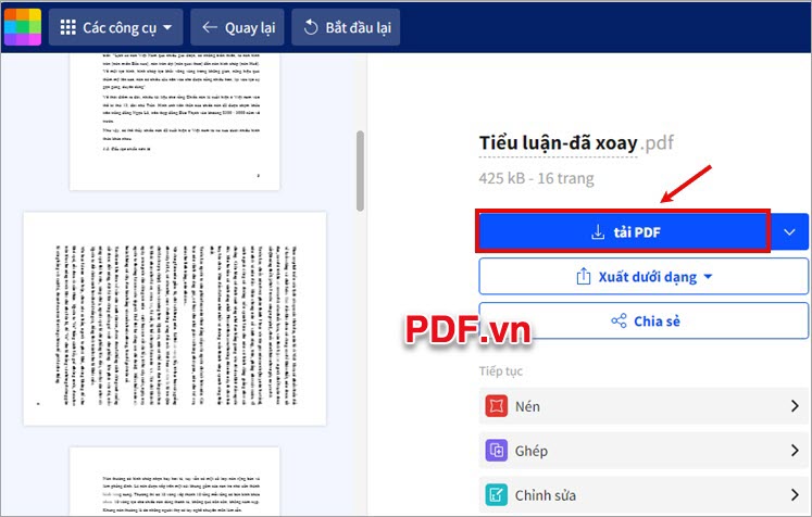 Nhấn Tải PDF để tải file PDF đã xoay về máy tính của bạn