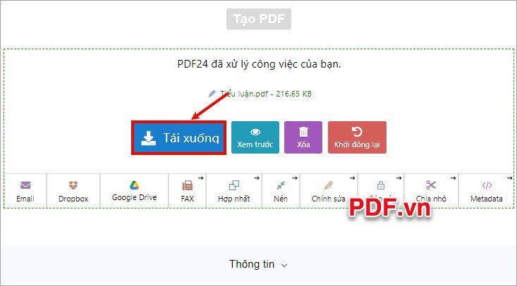 Sau khi PDF24 Tools đã xử lý xong, bạn chọn Download để tải file PDF