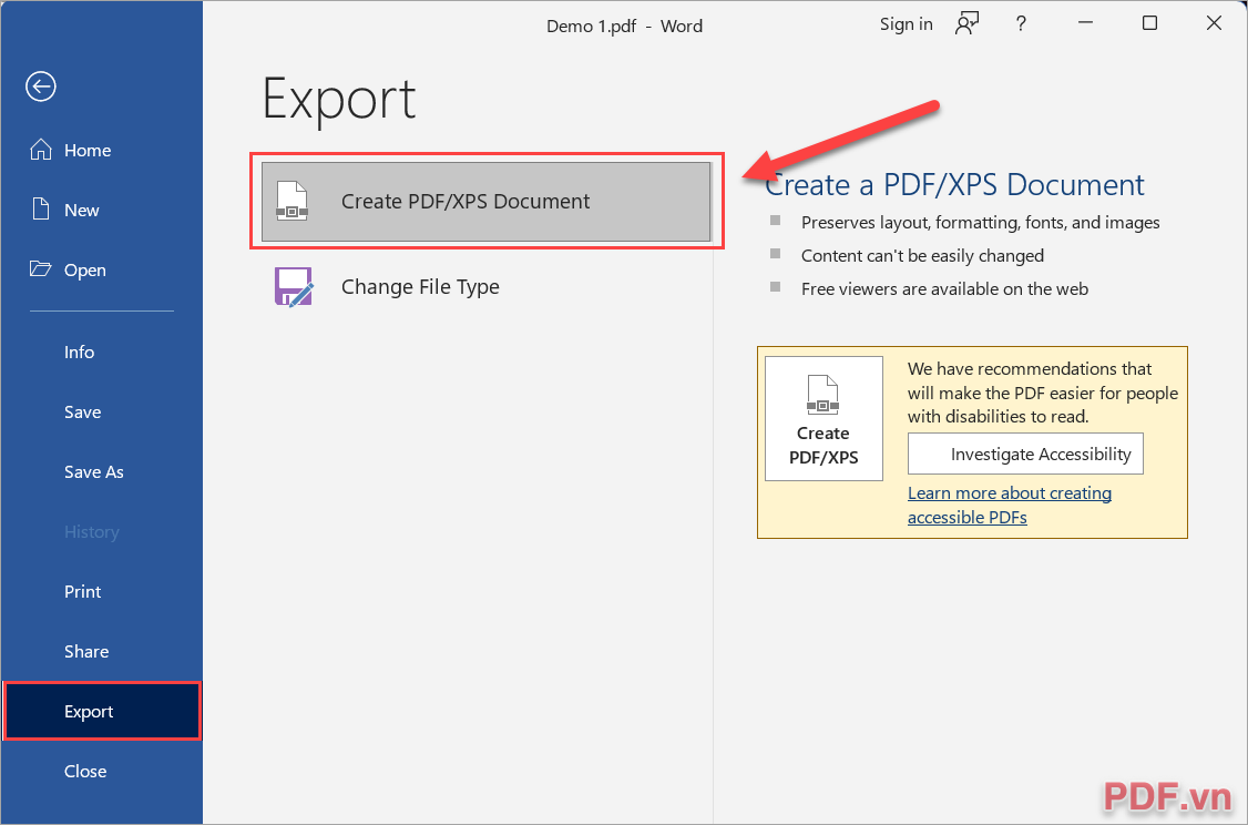 Chọn File → Export → Create PDF XPS Document để xuất file với định dạng PDF
