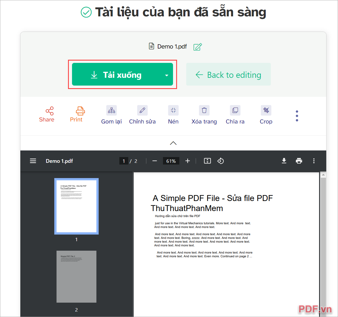 Chọn Tải xuống để lưu file PDF về máy tính