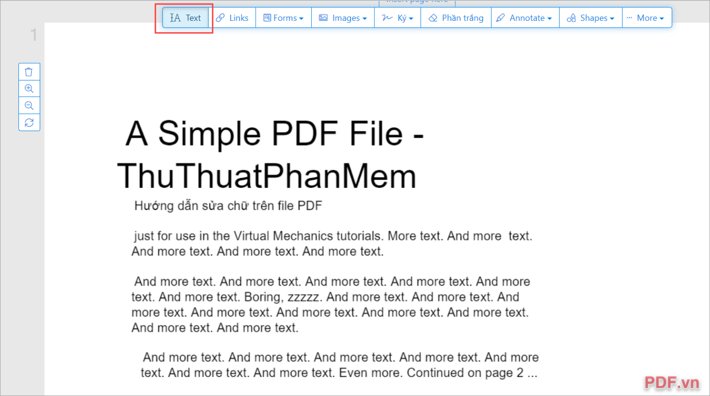 Chọn thẻ Text để tiến hành chỉnh sửa file PDF