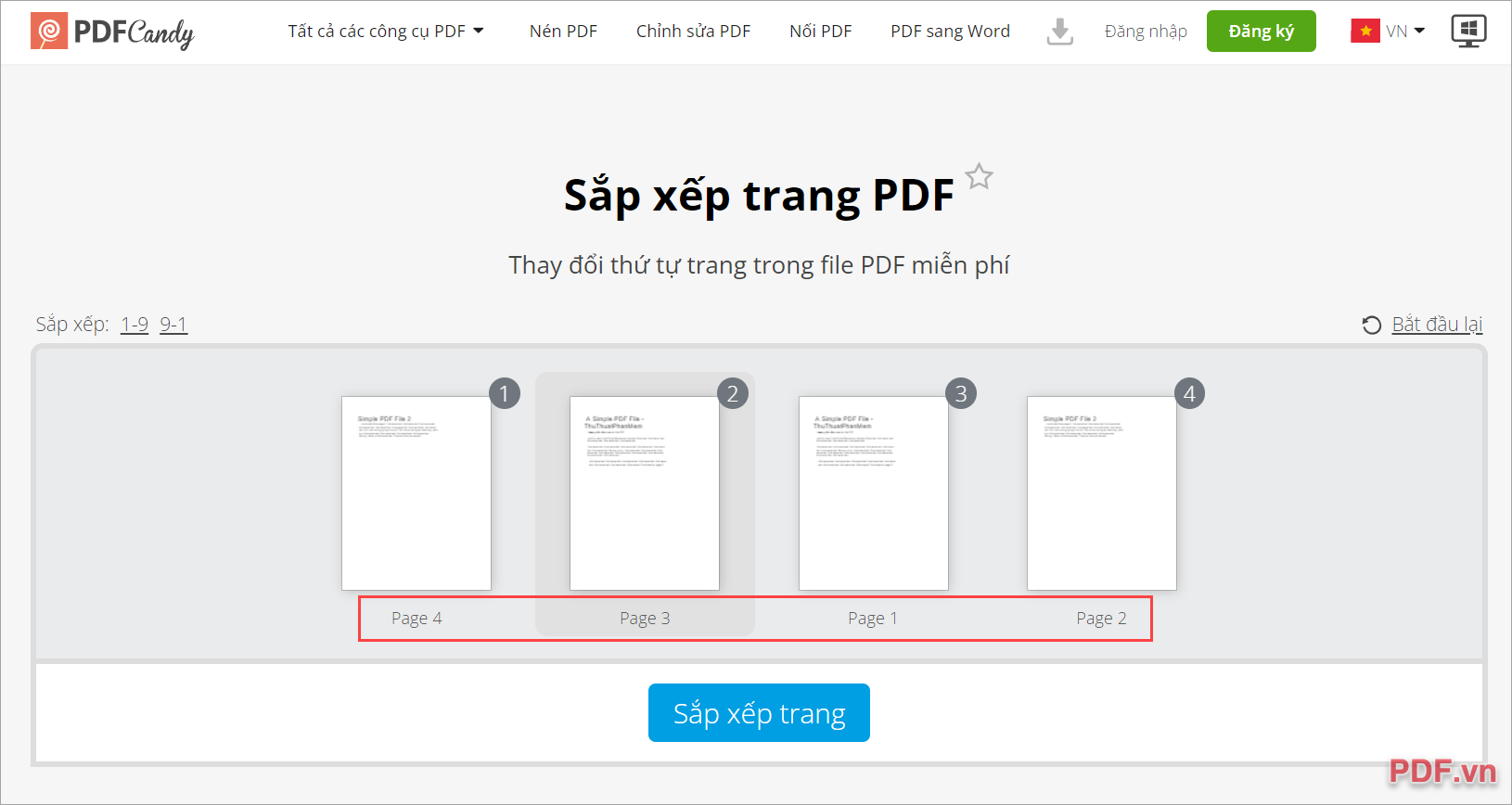 Chú ý Page để biết được thứ tự thay đổi các trang từ file PDF gố