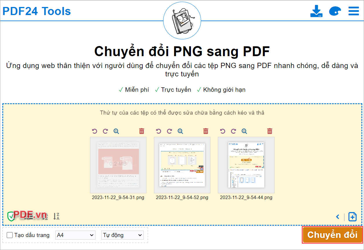 Chuyển đổi để bắt đầu chuyển file PNG thành file PDF
