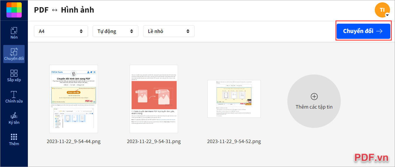 Chuyển đổi để tạo file PDF từ những hình ảnh PNG