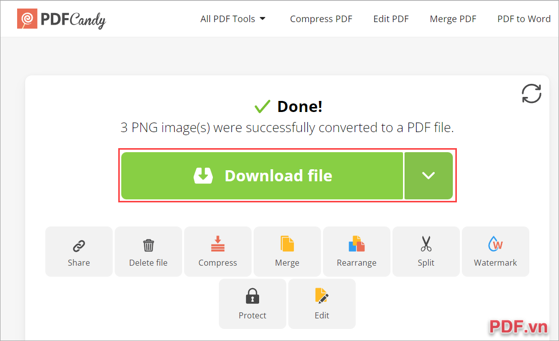 Download File để tải file PDF được ghép từ ảnh PNG