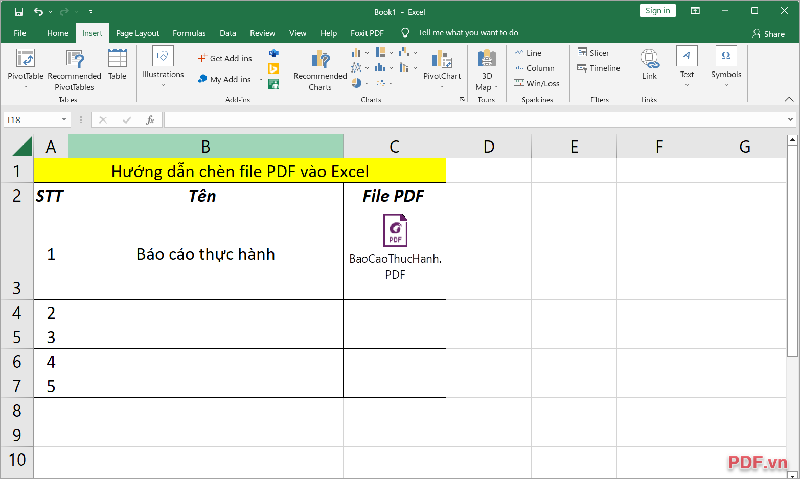 Hoàn tất việc chèn file PDF vào trong file Excel
