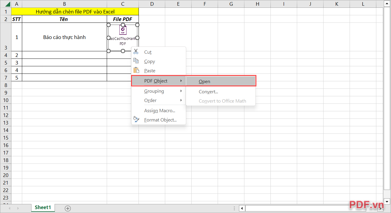 Hướng dẫn mở file PDF chèn trong Excel