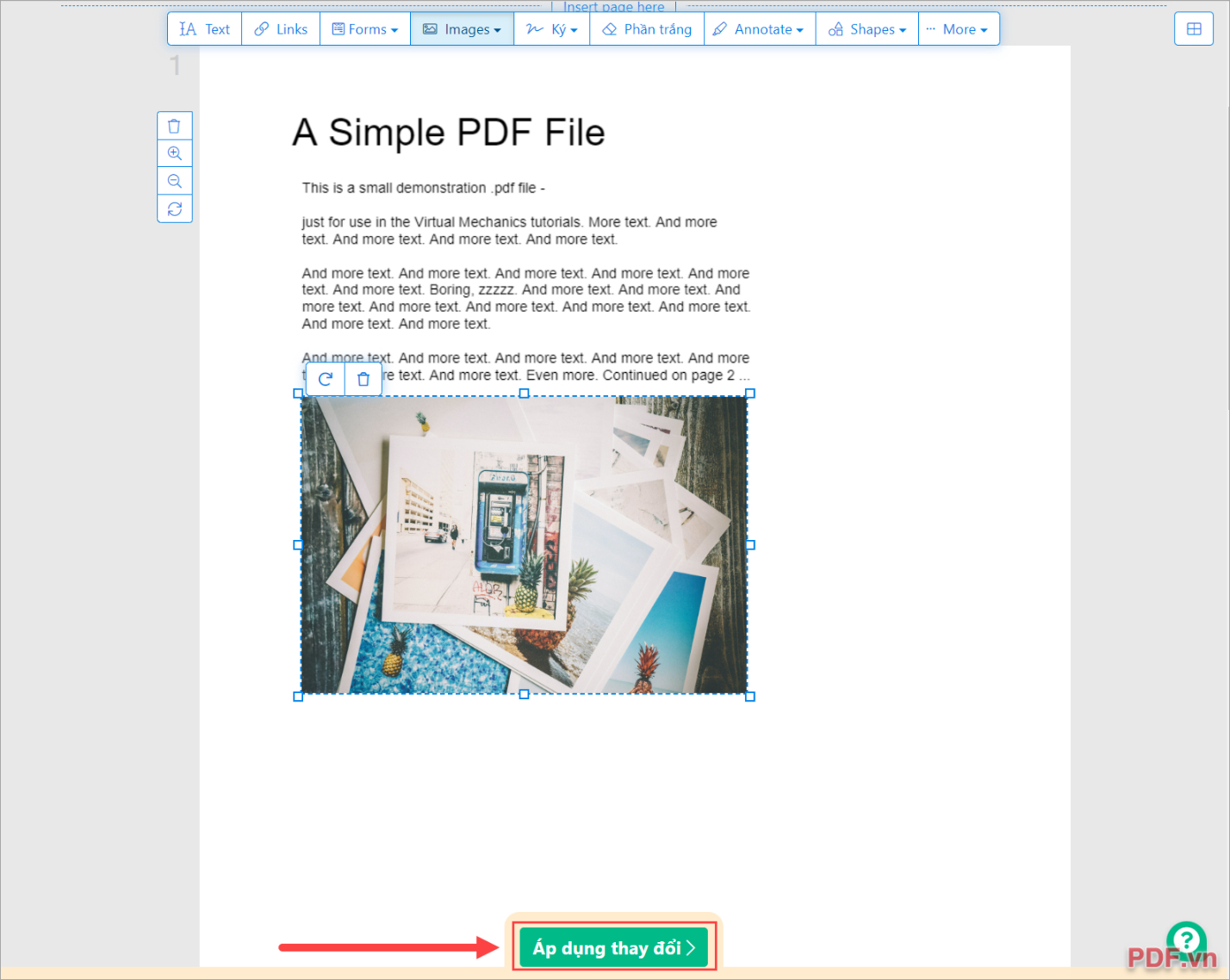 Chọn Áp dụng thay đổi để hệ thống xử lý hình ảnh chèn vào PDF