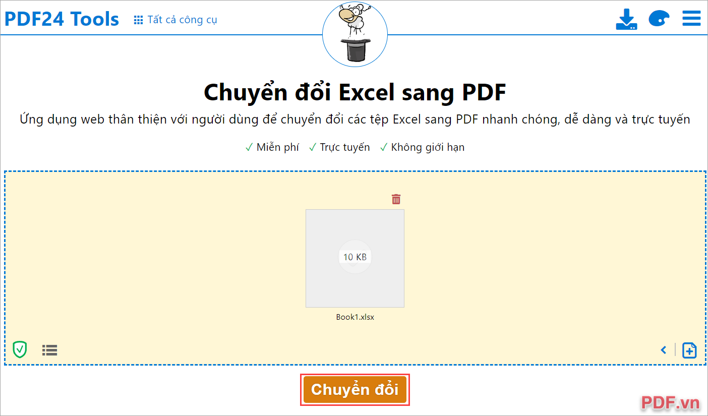 Chọn Chuyển đổi để bắt đầu chuyển file Excel sang PDF