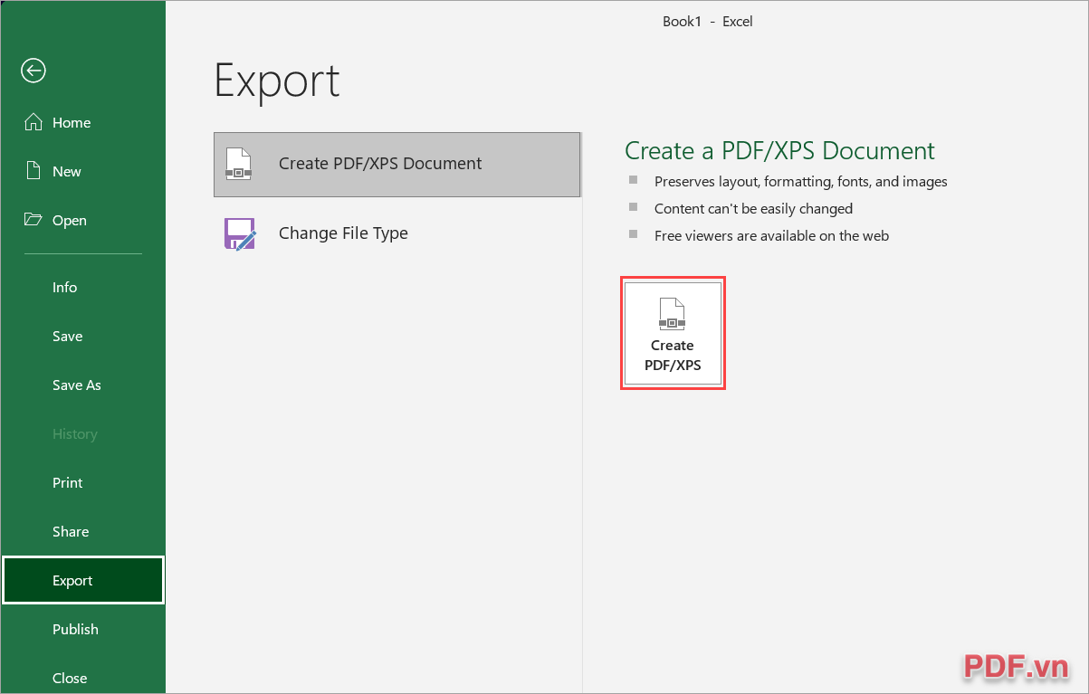 Chọn Create PDF-XPS để xuất sang định dạng PDF