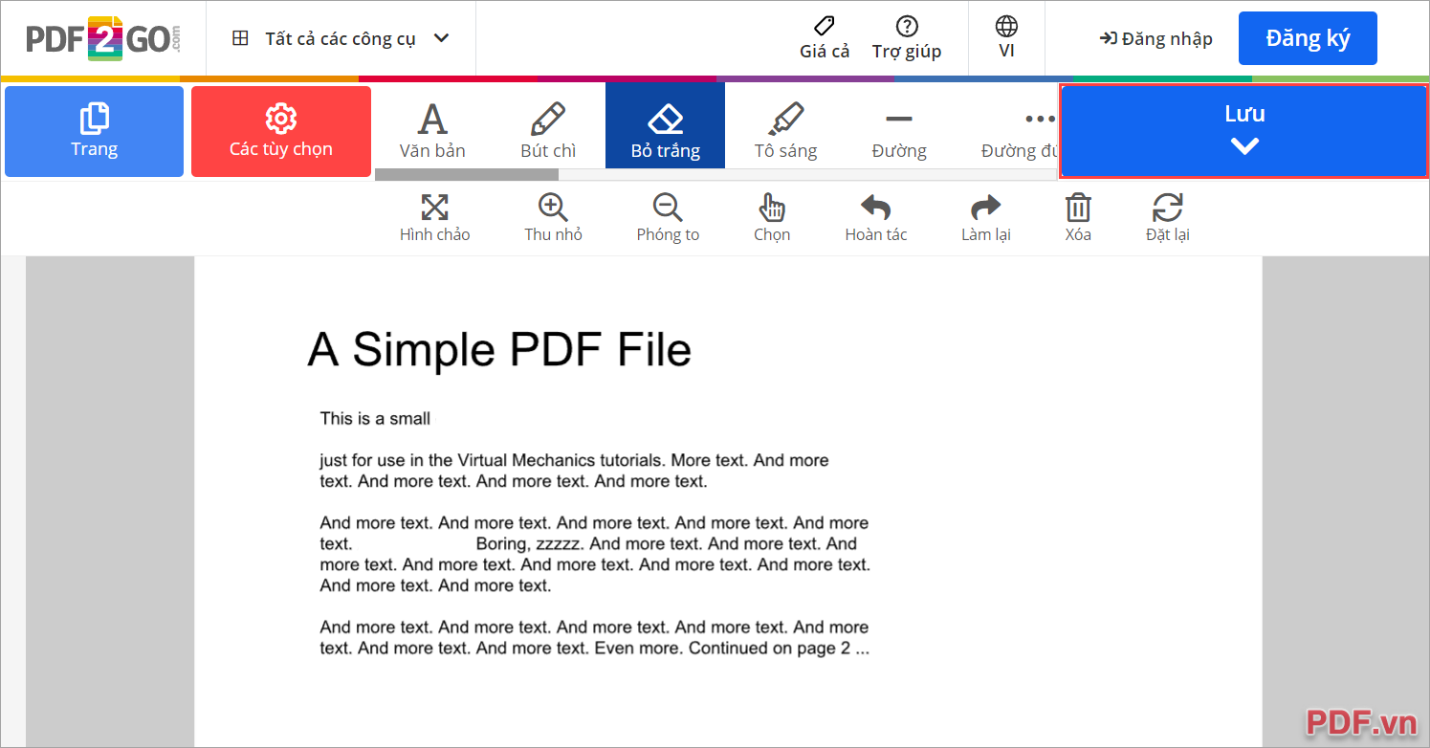 Chọn Lưu để tải file PDF đã xóa chữ hoàn tất về máy tính