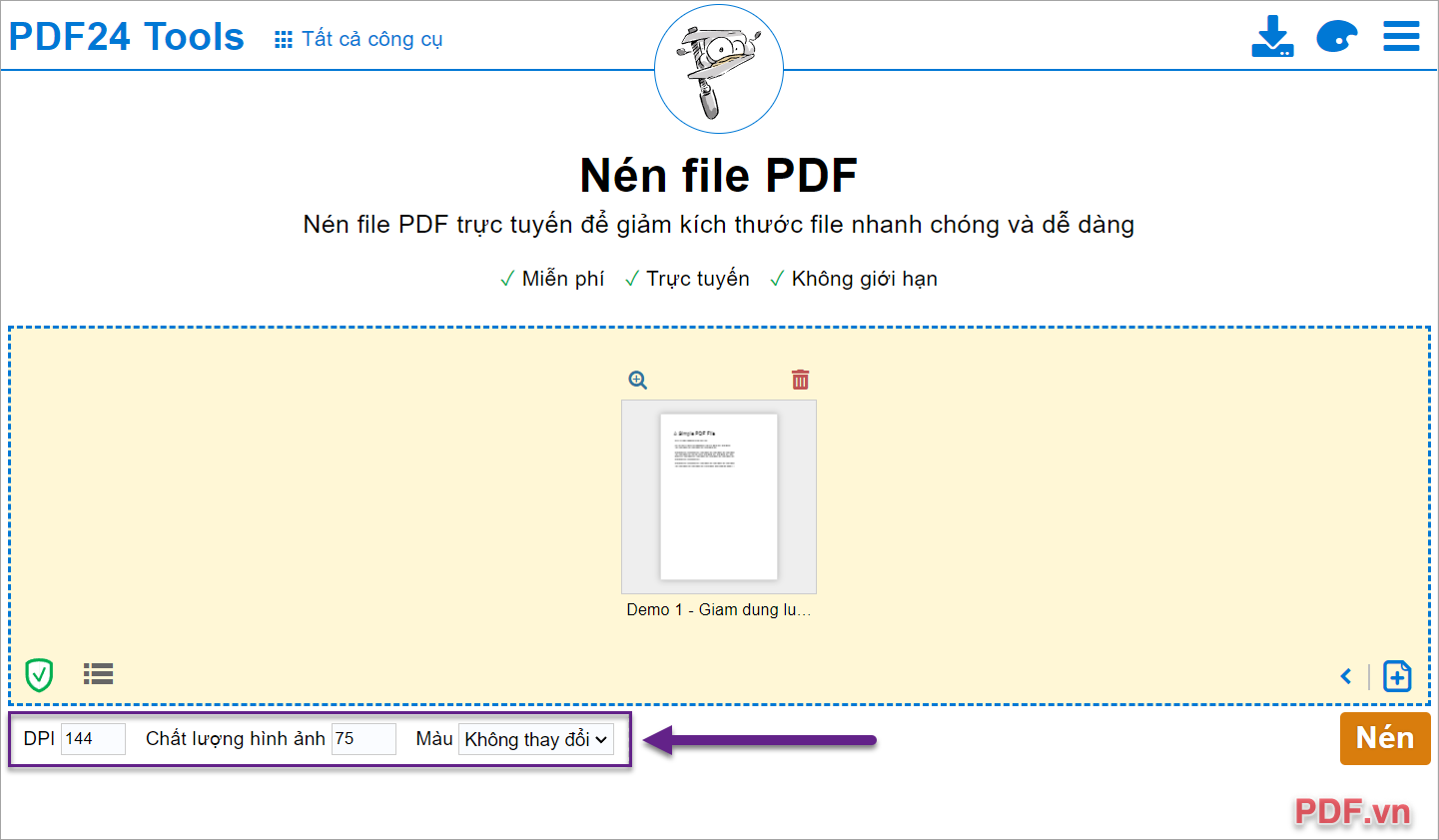 Chọn Nén để bắt đầu giảm dung lượng file PDF