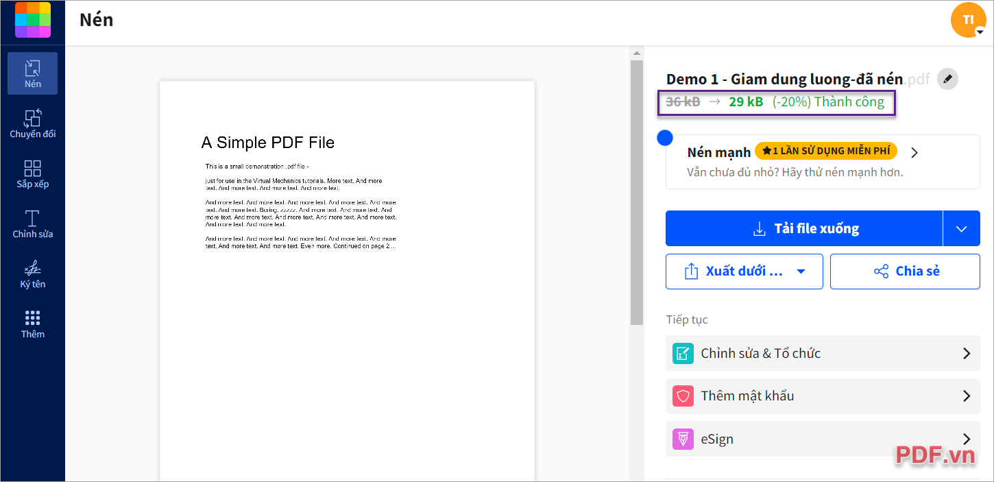 Chọn Tải file xuống để lưu file PDF giảm kích thước