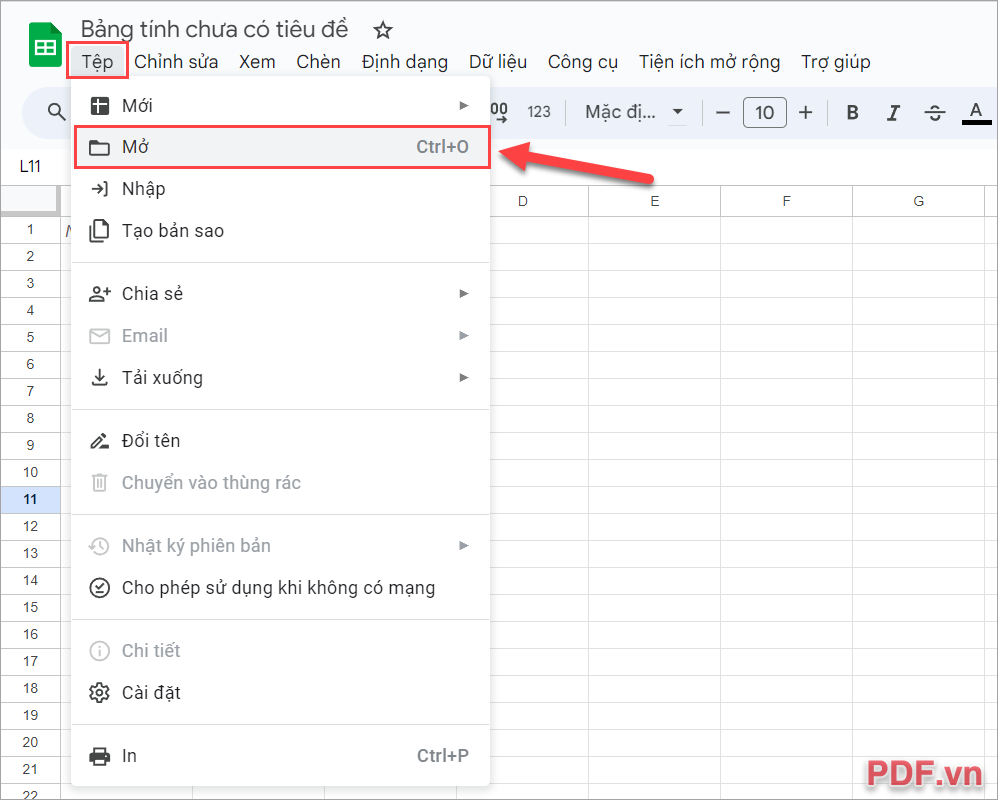 Chọn Tệp và chọn Mở (Ctrl + O) để mở file Excel cần xuất sang PDF